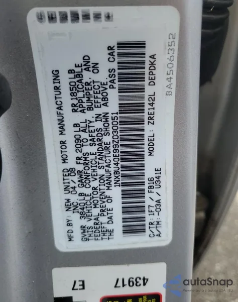 2009 Toyota Corolla Base из США, поврежденный, VIN 1NXBU40E99Z030051